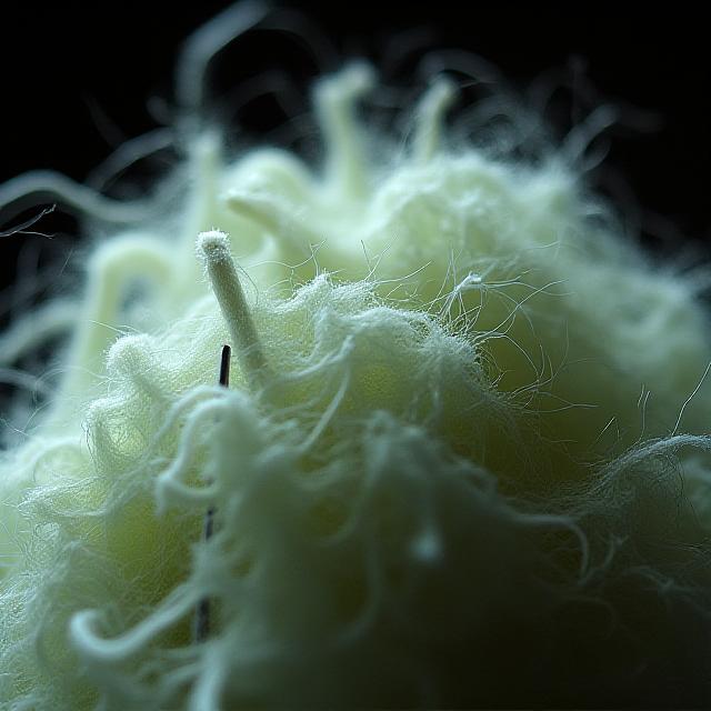 Close up of high-quality raw wool and traditional knitting needles.